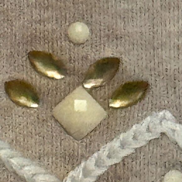 Alfred Dunner Blouse Womens L Tan White Scoop Neck Lace Embellished Long Sleeve - Picture 7 of 15